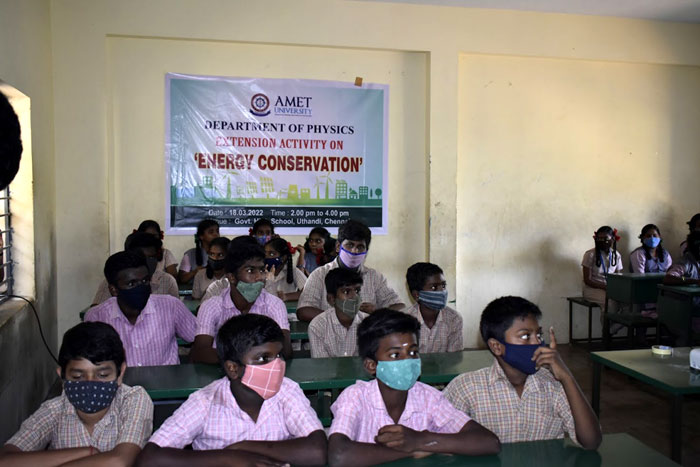 Dept of Physics organized an extension activity on Energy Conservation held at Govt. Hr. Sec. School, Uthandi, Chennai, on 18 Mar 2022