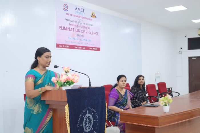 Workshop on Self Defence on International Day for Elimination of Violence, organized by AMET Centre for Women Empowerment, on 25 Nov 2022